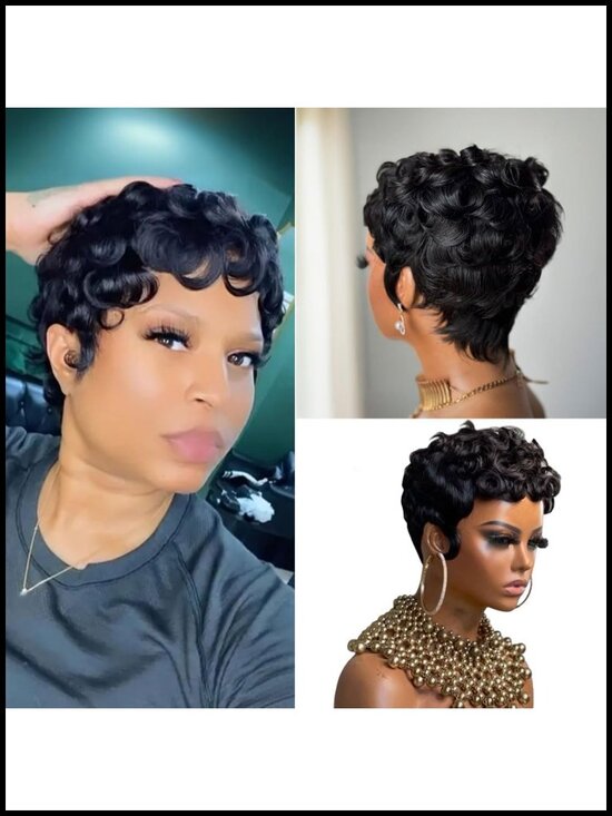 Real Human Hair Curly Pixie Wig Glueless Bob Full Machine Made main image 5